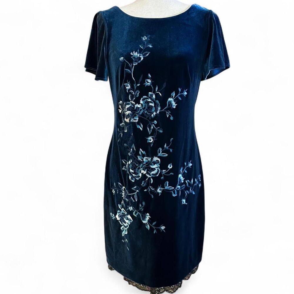 WHBM Navy and Turquoise Velvet Floral Embroidered Midi Dress